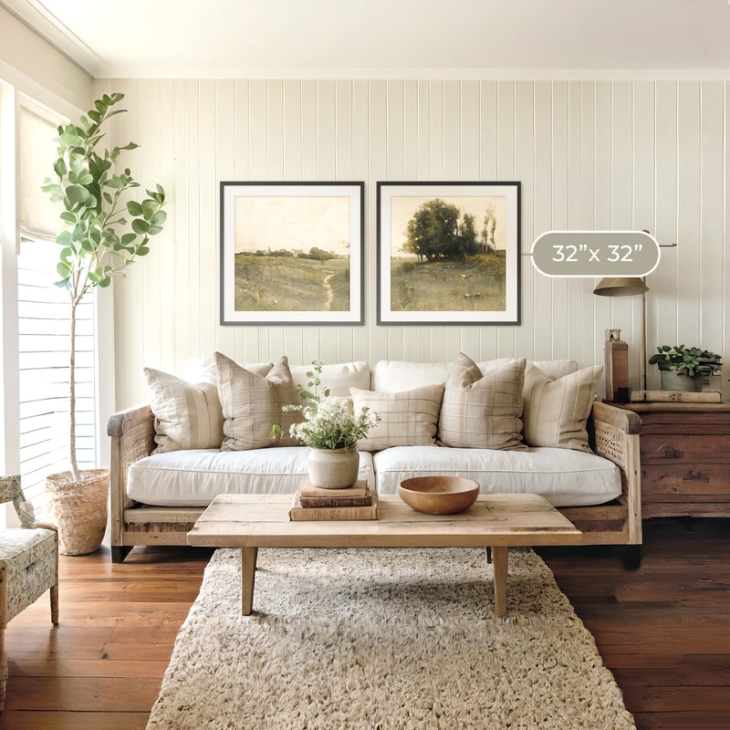 Muted Green Countryside Landscape 2 Piece Art Set - Sage and Rose Prints