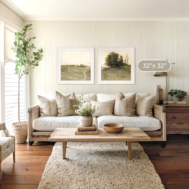 Muted Green Countryside Landscape 2 Piece Art Set - Sage and Rose Prints