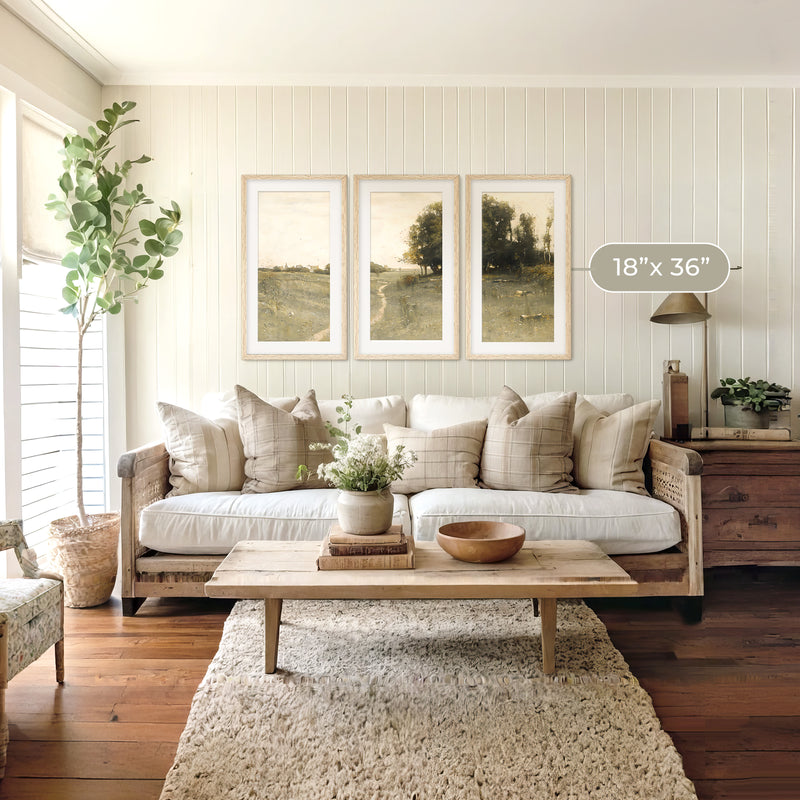 Muted Green Countryside Landscape Triptych - Sage and Rose Prints