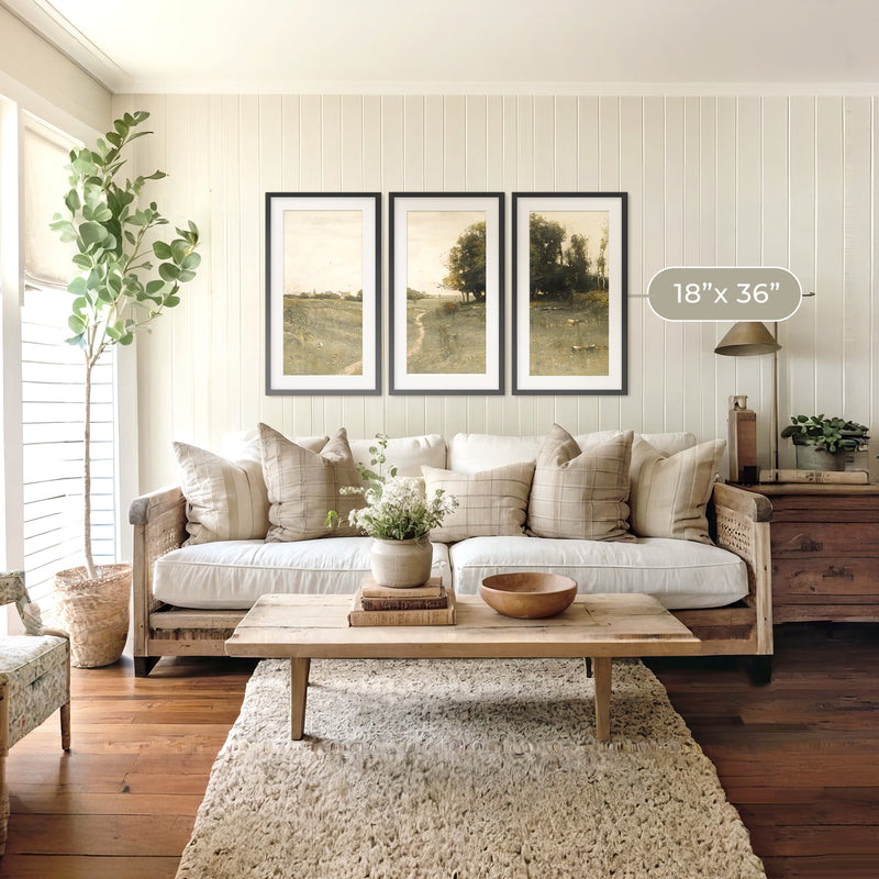 Muted Green Countryside Landscape Triptych - Sage and Rose Prints