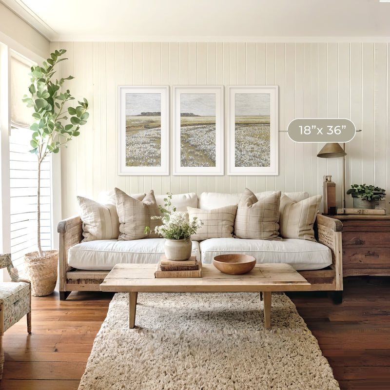 Flourishing Fields Landscape Triptych Painting - Sage and Rose Prints