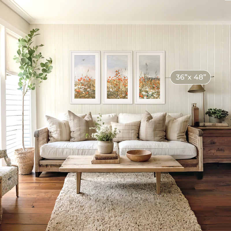 Poppies Spring Bloom Impressionist Painting Triptych - Sage and Rose Prints