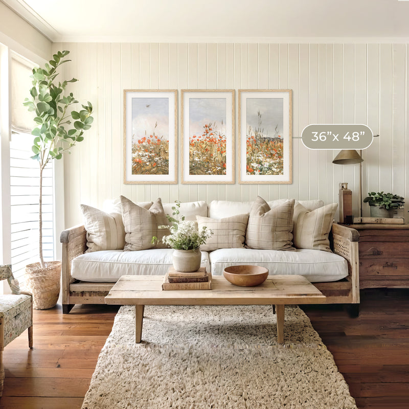 Poppies Spring Bloom Impressionist Painting Triptych - Sage and Rose Prints