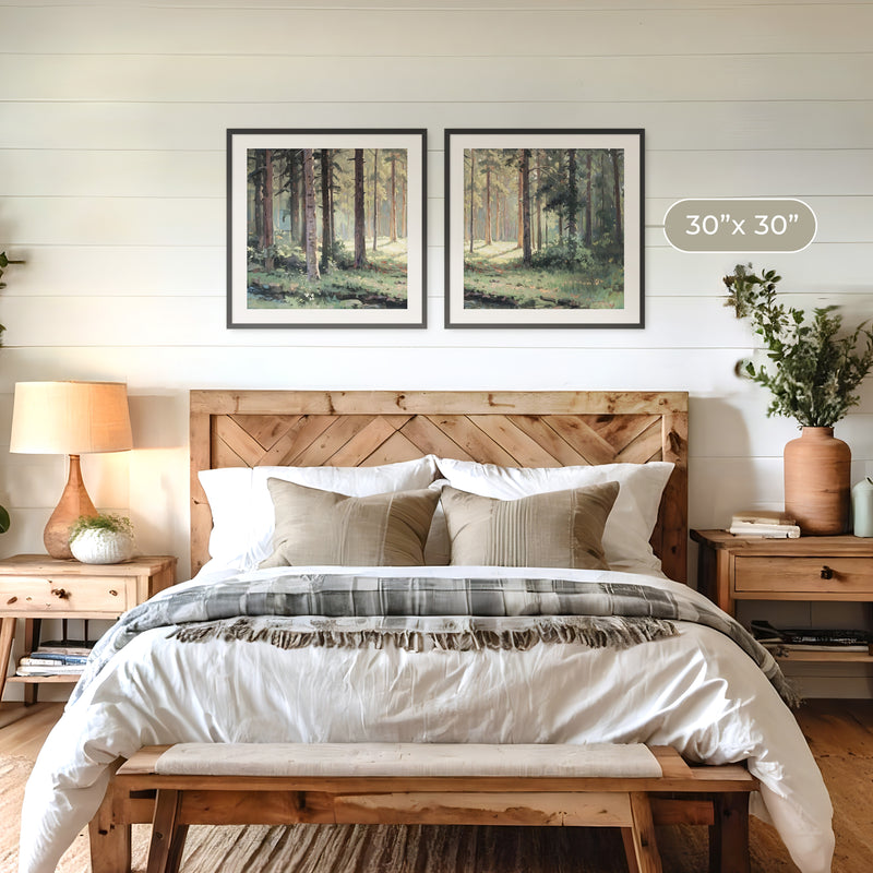 Sunny Forest Clearing Paintings 2-Panel Art Set - Sage and Rose Prints