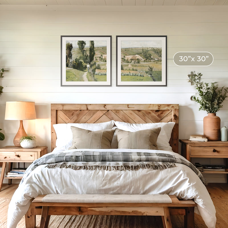 Muted Green Countryside Landscape 2 Piece Art Set - Sage and Rose Prints