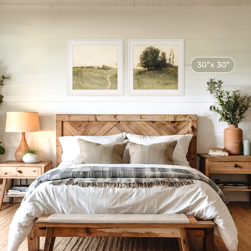 Muted Green Countryside Landscape 2 Piece Art Set - Sage and Rose Prints