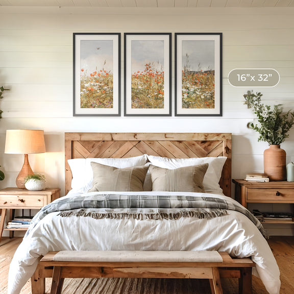Poppies Spring Bloom Impressionist Painting Triptych - Sage and Rose Prints