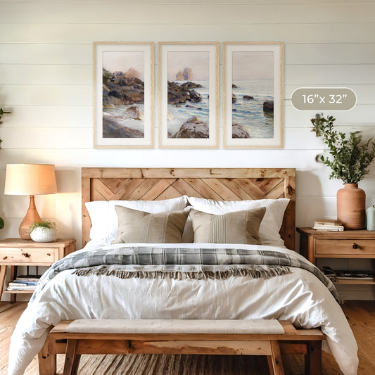 Seaside Sunrise with Coral Pink Triptych - Sage and Rose Prints