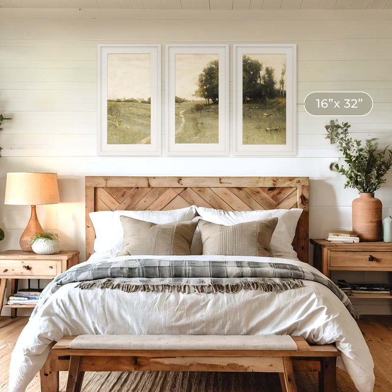 Muted Green Countryside Landscape Triptych - Sage and Rose Prints