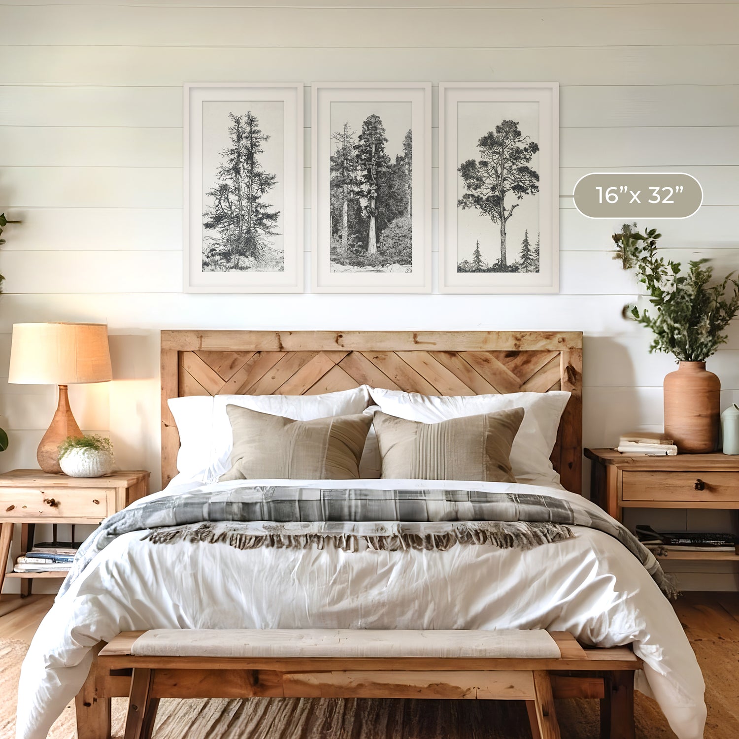 Black and White Tree Illustration Triptych - Sage and Rose Prints