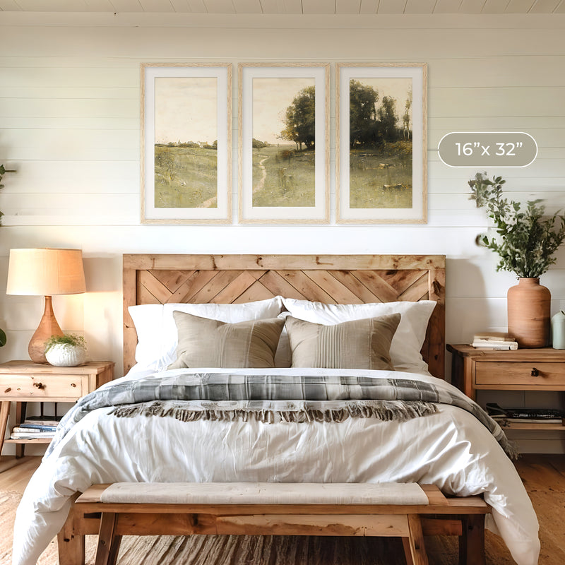 Muted Green Countryside Landscape Triptych - Sage and Rose Prints