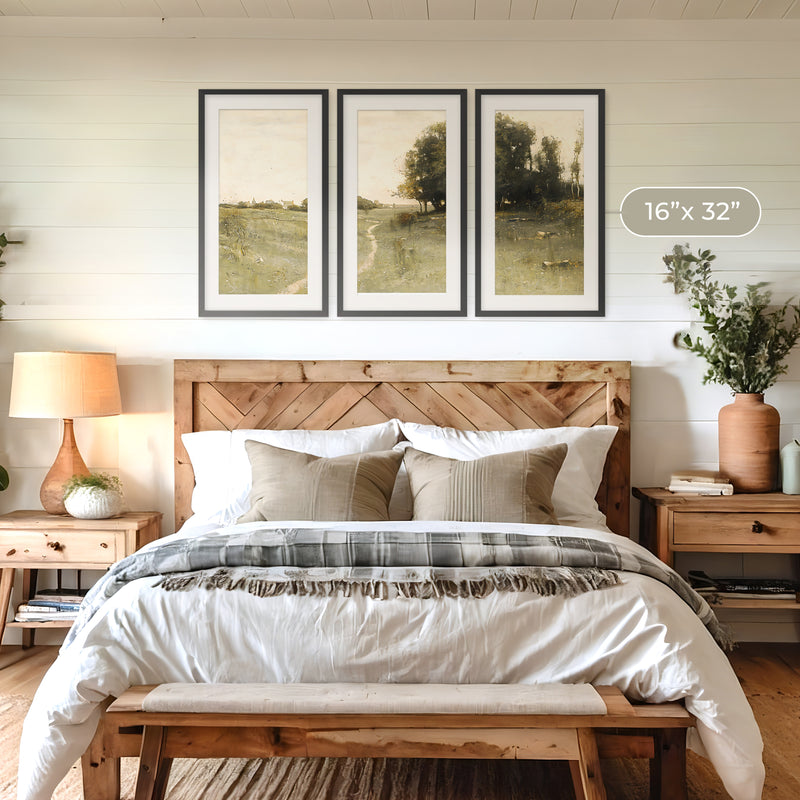 Muted Green Countryside Landscape Triptych - Sage and Rose Prints