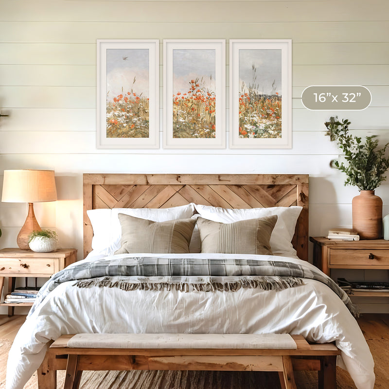 Poppies Spring Bloom Impressionist Painting Triptych - Sage and Rose Prints