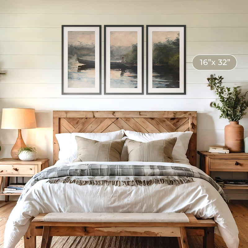 Muted Waters Fishing Watercolor Triptych - Sage and Rose Prints