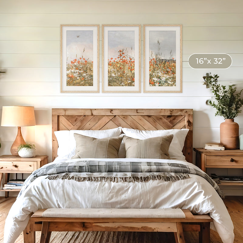 Poppies Spring Bloom Impressionist Painting Triptych - Sage and Rose Prints