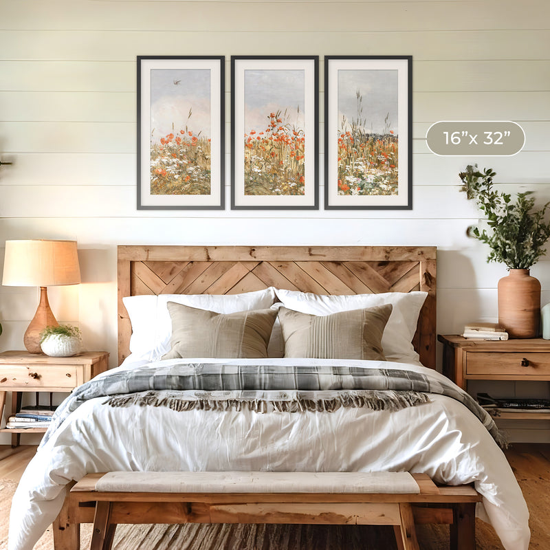 Poppies Spring Bloom Impressionist Painting Triptych - Sage and Rose Prints