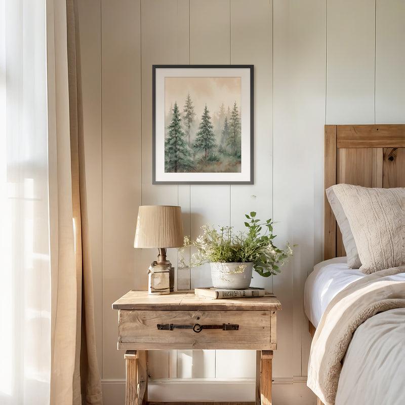 Misty Forest Painting in Shades of Green - Sage and Rose Prints