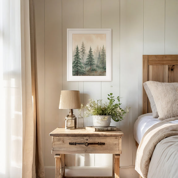 Misty Forest Painting in Shades of Green - Sage and Rose Prints