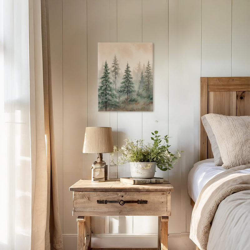 Misty Forest Painting in Shades of Green - Sage and Rose Prints