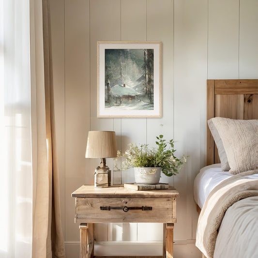 Cozy Cabin Winter Landscape Art - Sage and Rose Prints