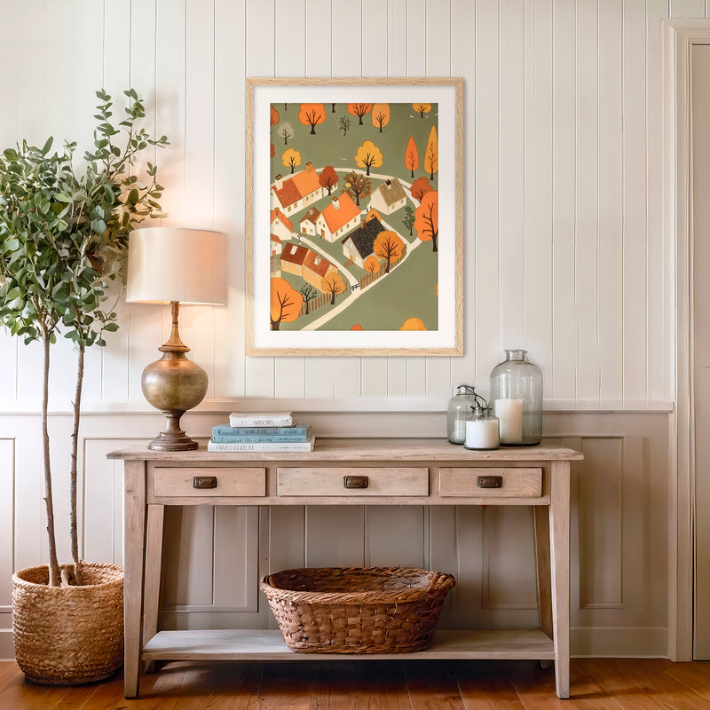 Olive Green Fall Village Illustration - Sage and Rose Prints