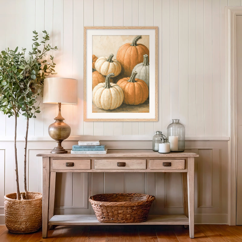 Pumpkin fall print, fall artwork with wood frame, fall wall art, pumpkin fall oil painting, fall wall decor in burnt orange and light beige, Sage & Rose Prints