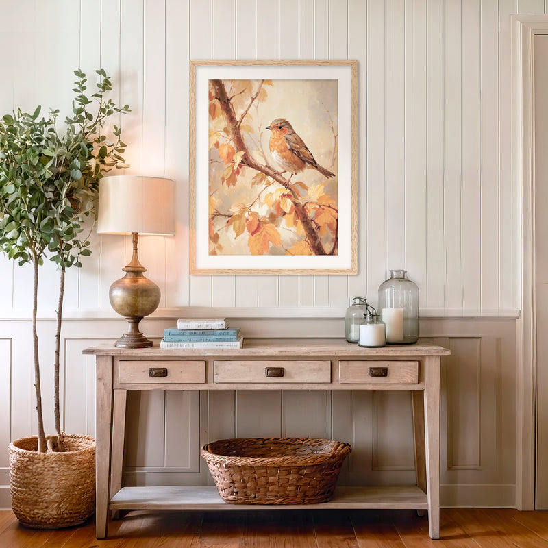 Bird fall print, fall artwork with wood frame, fall wall art, robin fall oil painting, fall wall decor in burnt orange and light beige, Sage & Rose Prints