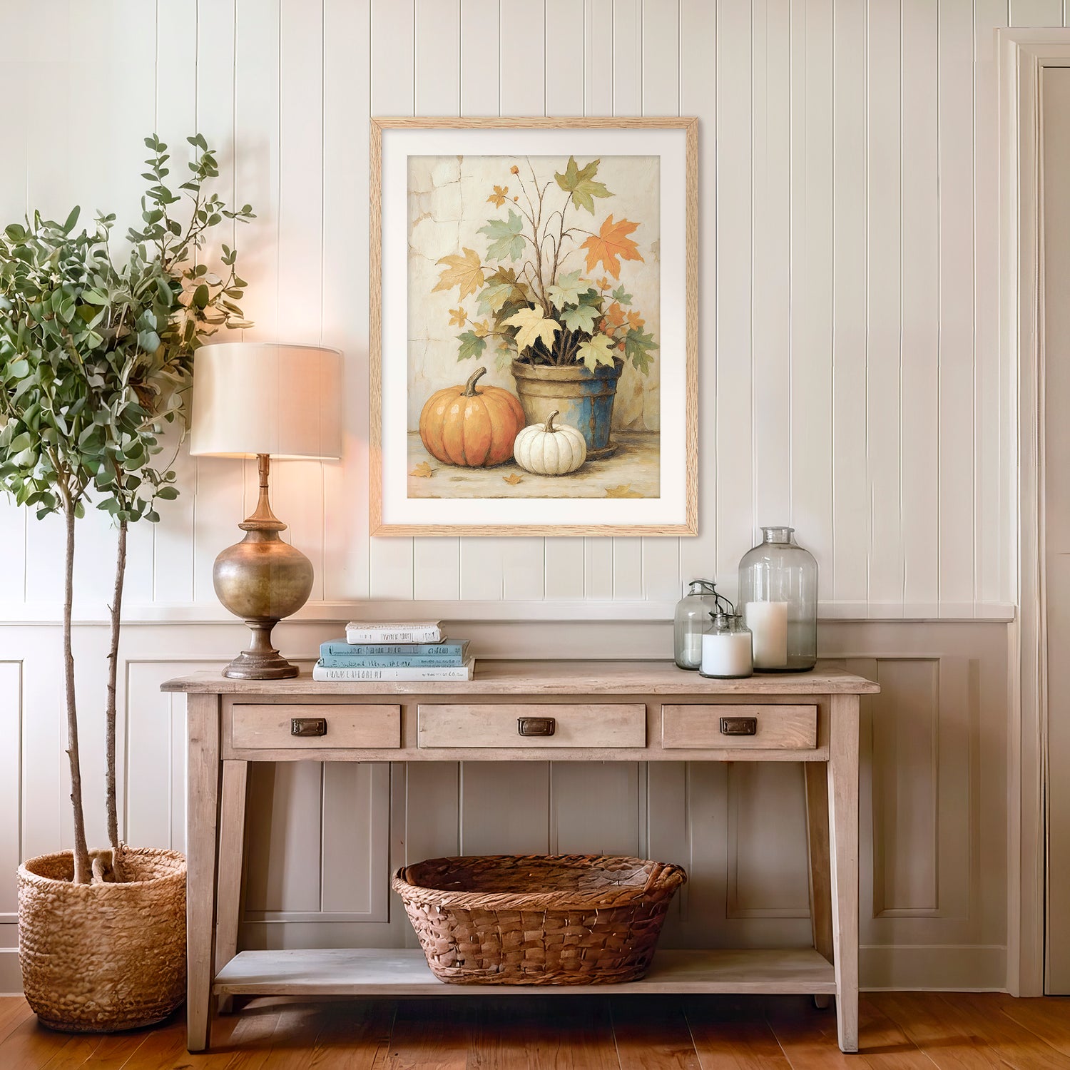 Pumpkin fall print, fall artwork with wood frame, fall wall art, pumpkin fall oil painting, fall wall decor in burnt orange and light beige, Sage & Rose Prints