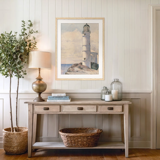 Lighthouse Watercolor Print in Pastel Blues - Sage and Rose Prints