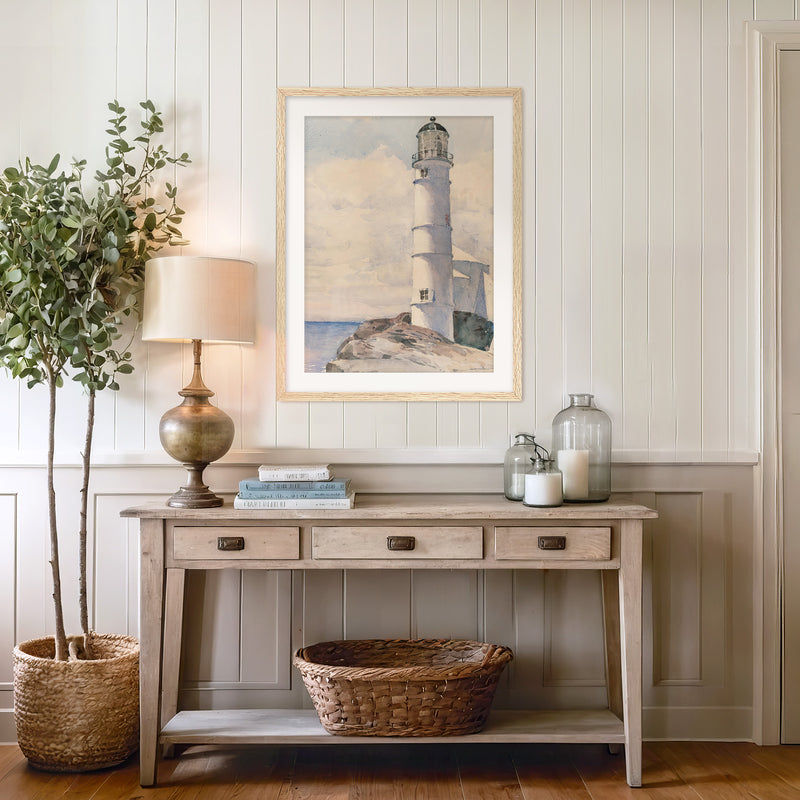 Lighthouse Watercolor Print in Pastel Blues - Sage and Rose Prints