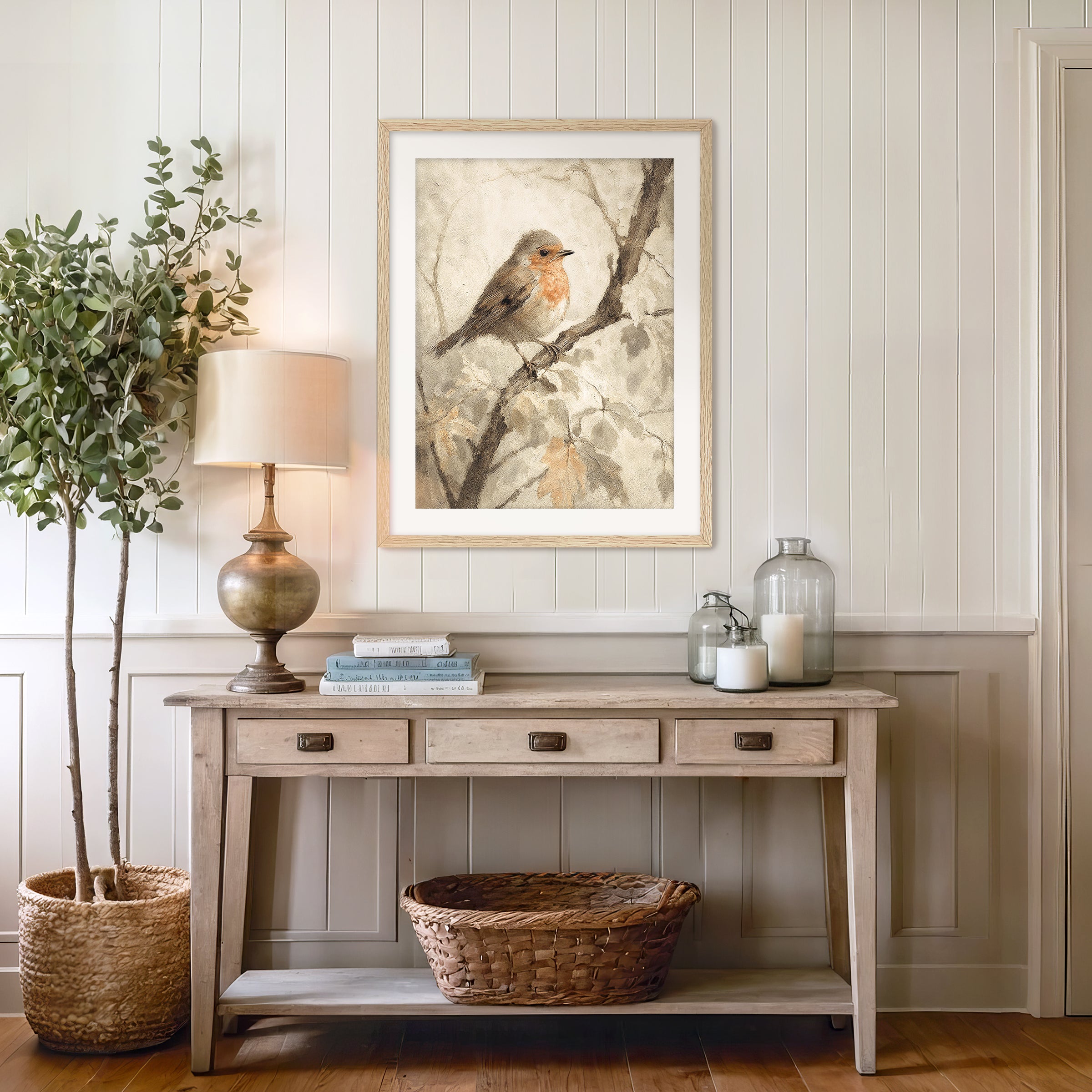 Bird fall print, fall artwork with wood frame, fall wall art, robin in the woods fall oil painting, fall wall decor in burnt orange and light beige, Sage & Rose Prints