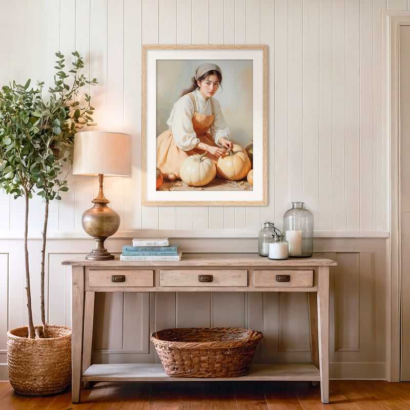 Vintage Painting of Girl with Pumpkins Fall Art Print - Sage and Rose Prints