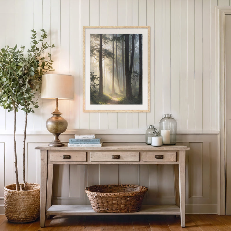 Sunlight Through a Misty Forest No1 - Sage and Rose Prints