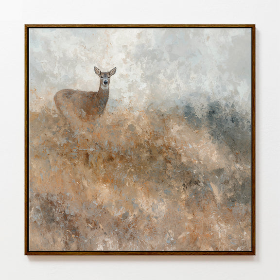 AK-60- Deer in Grassy Field Abstract Impressionist Painting - Sage and Rose Prints