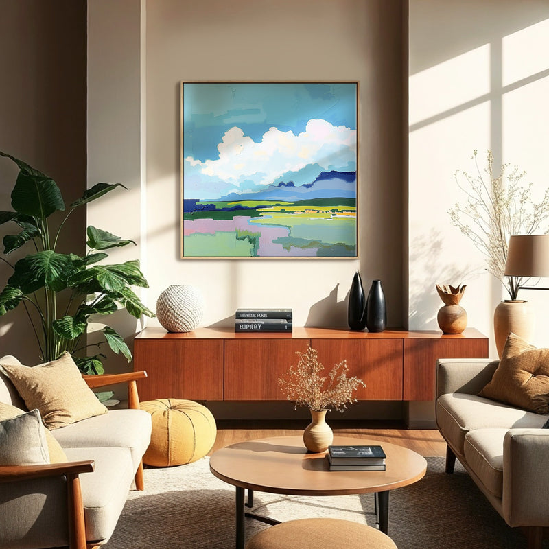 Fluffy Clouds and Green Fields Abstract Art - Sage and Rose Prints