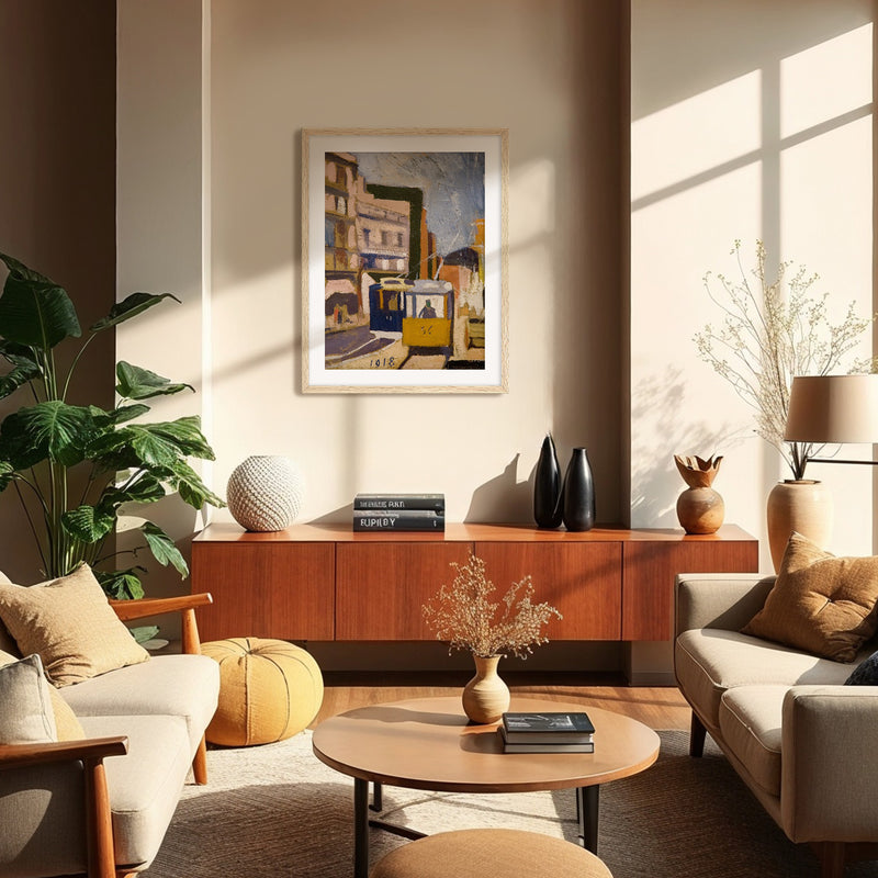 Yellow and Blue Cubist Cityscape No2 - Sage and Rose Prints