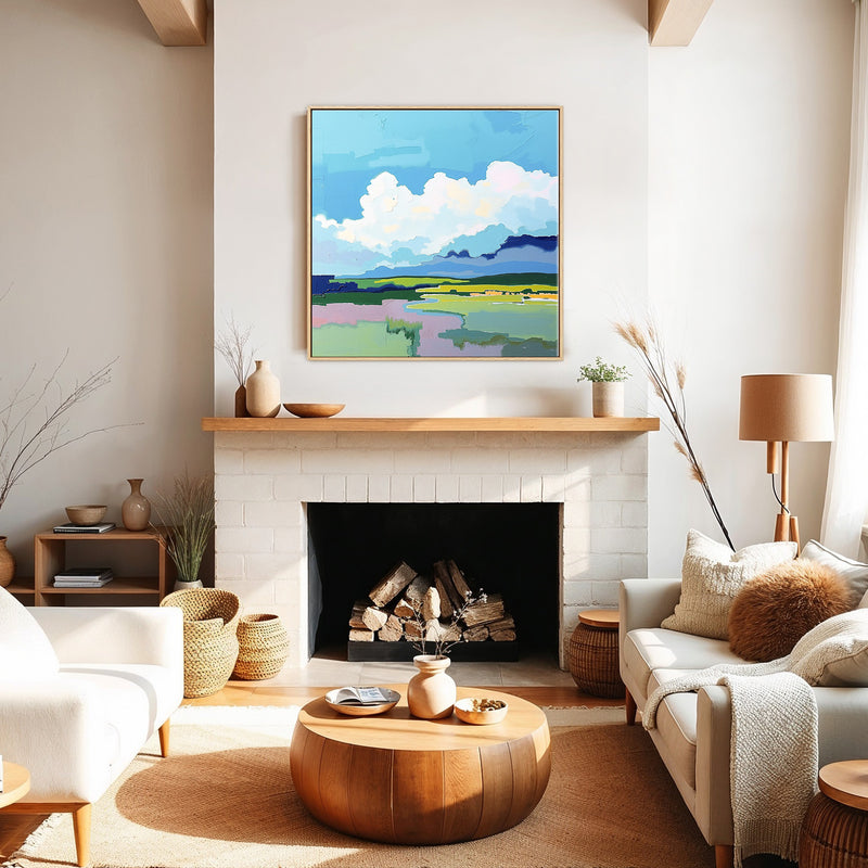 Fluffy Clouds and Green Fields Abstract Art - Sage and Rose Prints