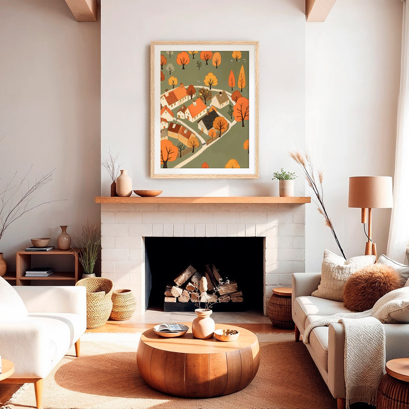 Olive Green Fall Village Illustration - Sage and Rose Prints