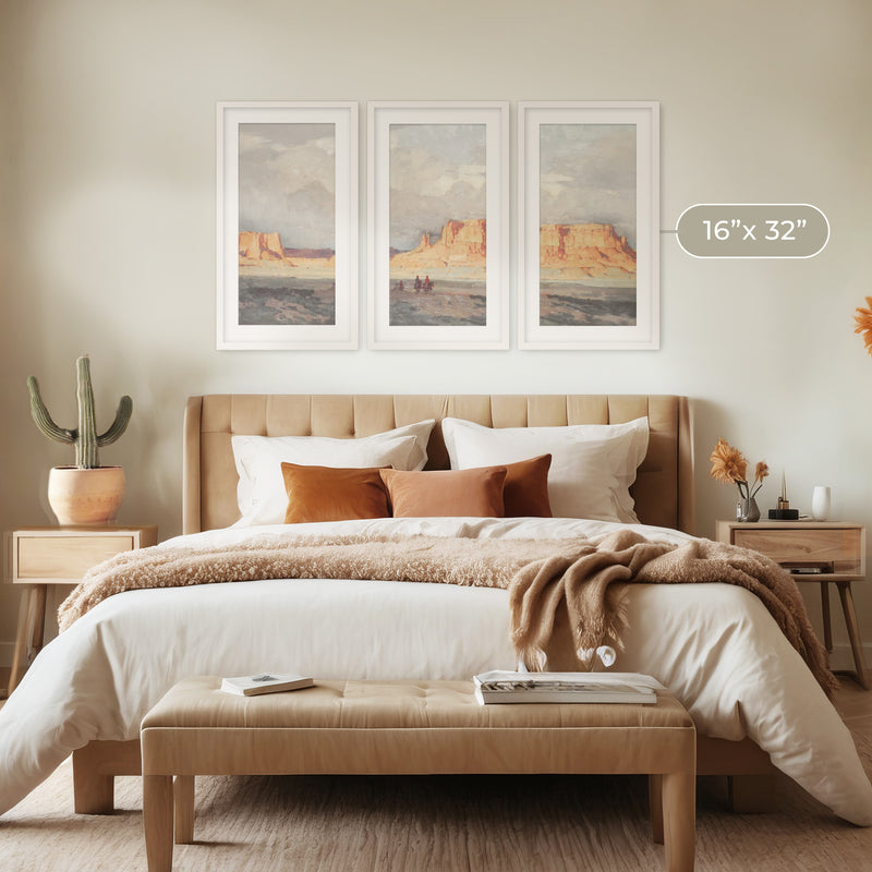 Desert Painting Triptych in Muted Blues and Orange - Sage and Rose Prints