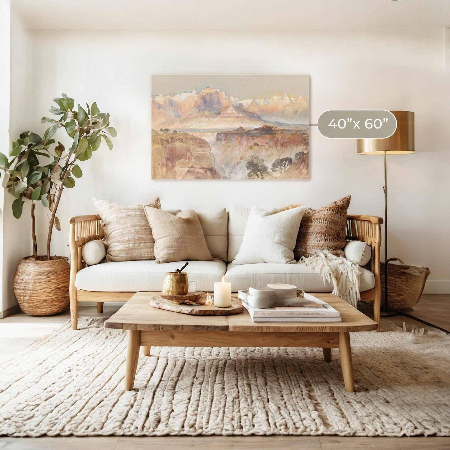 Desert Package - Living Room B 1x-15 - Sage and Rose Prints - minimalist living room with earthy desert-themed interior decor with a large desert mountain and canyon landscape above the couch