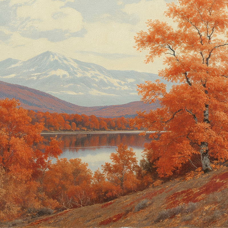 Landscape fall print, fall artwork with wood frame, fall wall art, fall wall decor in burnt orange and light blues Sage & Rose Prints
