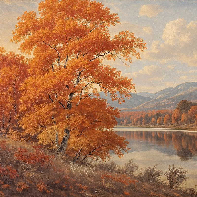 Vintage style fall landscape painting print, fall artwork with wood frame, fall wall art, fall forest, autumn trees, vintage style, Old Masters, rustic, fall painting, fall wall decor in burnt orange and light beige, Sage & Rose Prints