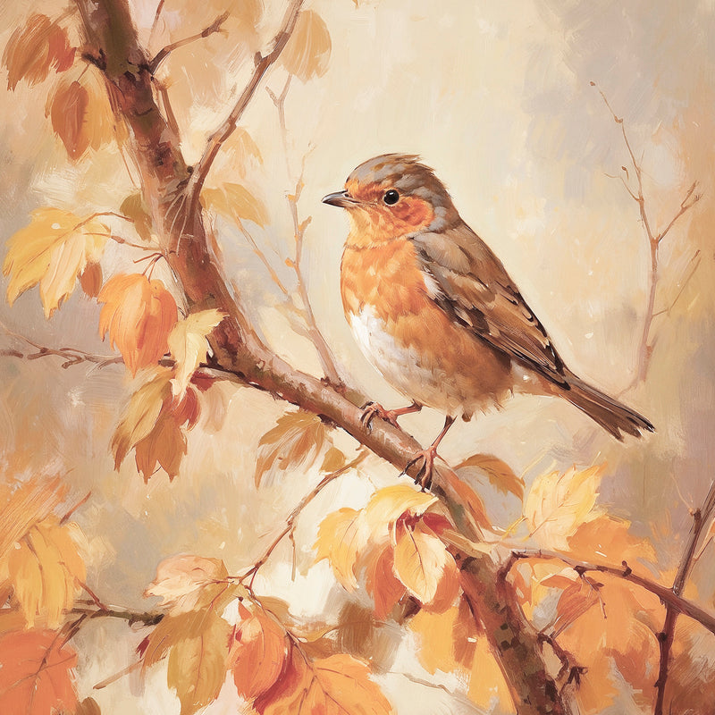 Bird fall print, fall artwork with black frame, fall wall art, robin fall oil painting, fall wall decor in burnt orange and light beige, Sage & Rose Prints