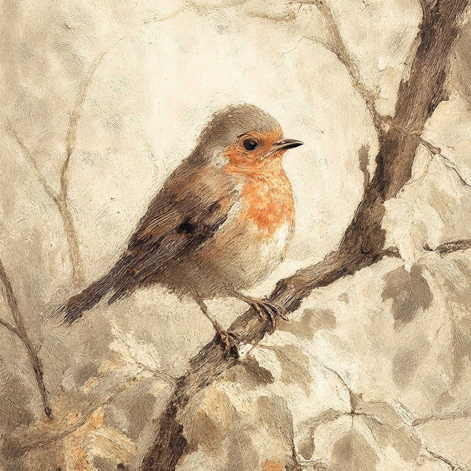 Bird fall print, fall artwork with black frame, fall wall art, robin in the woods fall oil painting, fall wall decor in burnt orange and light beige, Sage & Rose Prints