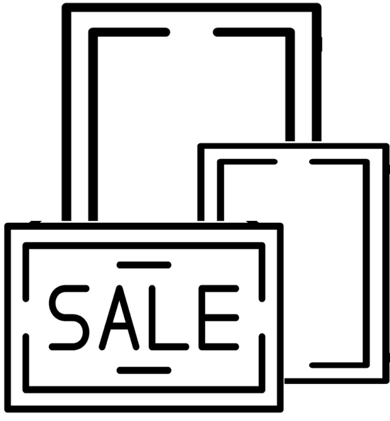 icon of multiple art frames and sale-sign meaning if you buy more paintings, you'll save money