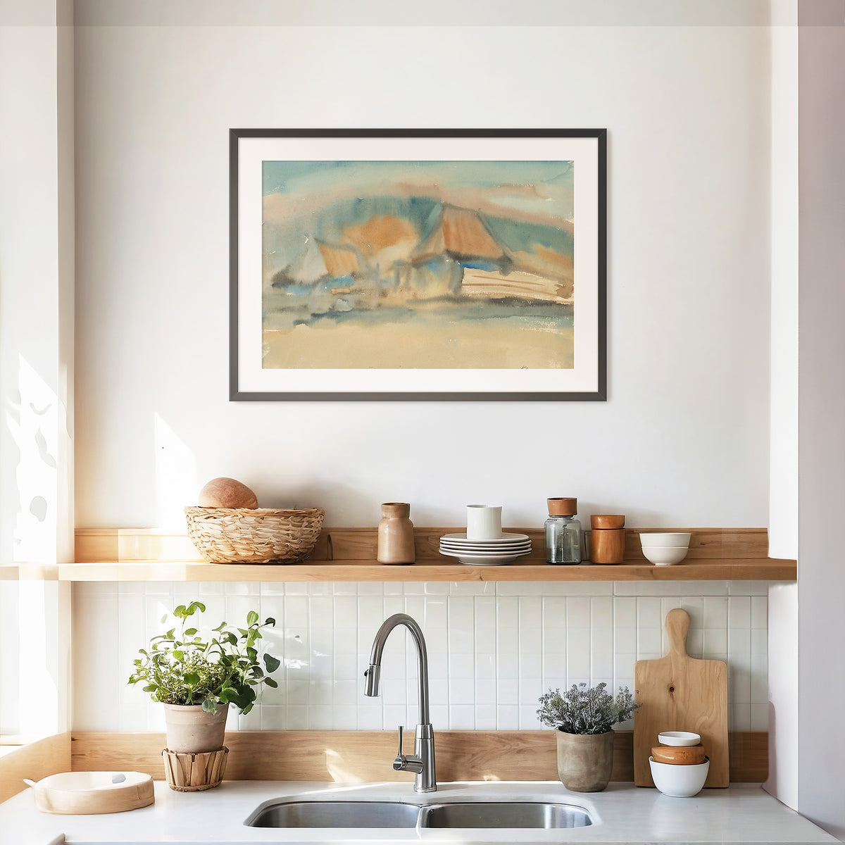 Cottage Watercolor in Tans and Teals - Sage and Rose Prints