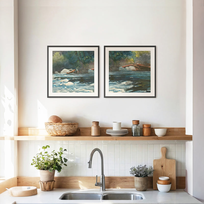 River Painting in Green Shades 2-Panel Set - Sage and Rose Prints