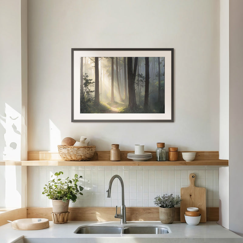 Sunlight Through a Misty Forest No2 - Sage and Rose Prints