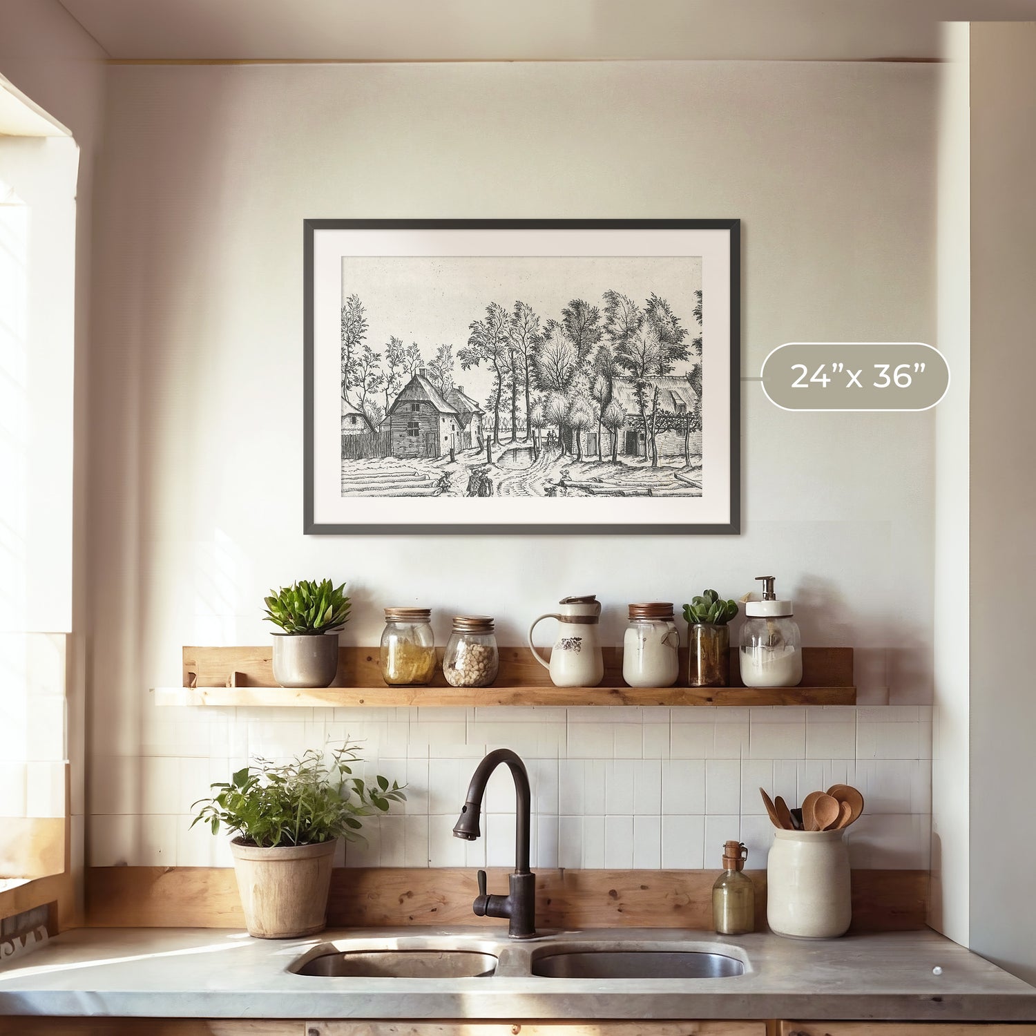 Black and White Cottagecore Drawing - Sage and Rose Prints