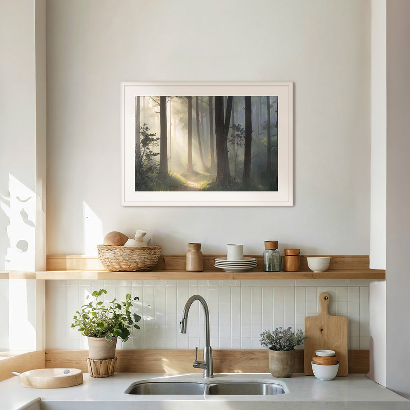 Sunlight Through a Misty Forest No2 - Sage and Rose Prints